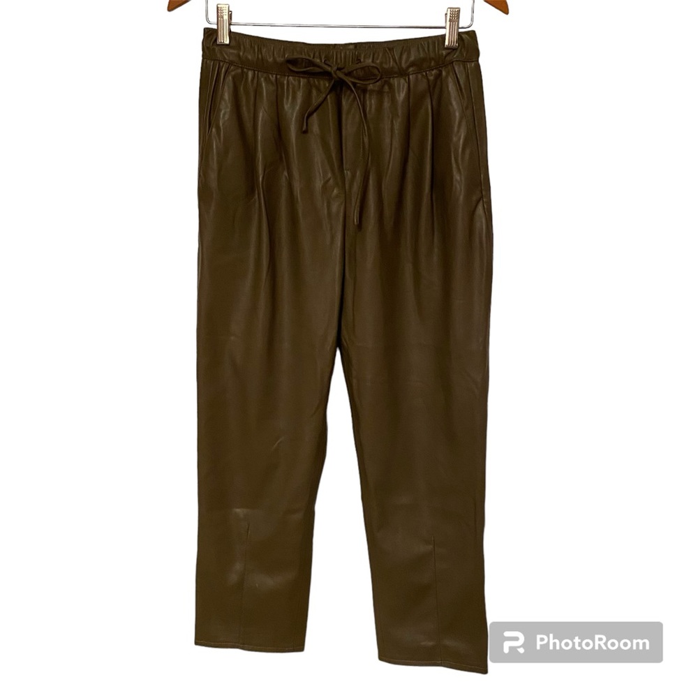 INDUSTRY PANTS ANKLE CROPPED FAUX LEATHER OLIVE GREEN GRAY TAUPE PAPER-BAG Sz S